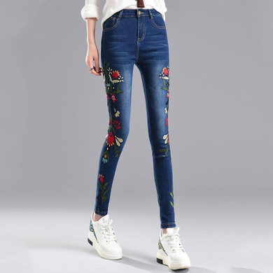 Hot sale Stretch Embroidered Jeans For Women Elastic Flower Jeans Female Pencil Denim Pants Rose Pattern Pantalon Femme