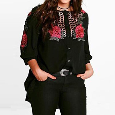 Hot Sale Plus Size S-4XL Women Shirts Chiffon Blouses Loose Tops Hollow Applique Long Front Short Back Casual Pullover