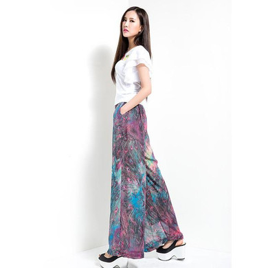 2017 Korean Fashion Summer Female Thin Trousers Plus Size High Waist Print Full Length Wide Leg Chiffon Pants Loose Casual
