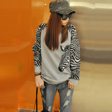 2017 Korean Casual Zebra Stripes Harajuku Loose Thin Hoodies Woman Sweatshirt Patchwork Pullover Batwing Sleeve O-neck Large