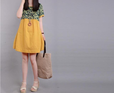 2017 Korea New Summer dress Cotton Linen Fashion Ladies O-neck loose Plus Size Printing women dress Female Vestidos Robe