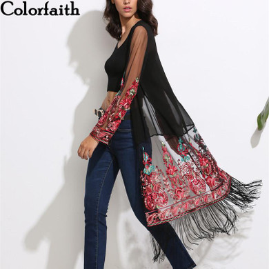 2017 Kimono Cardigan Fashion Sexy Transparent Chiffon Retro Tribal Embroidery Tassel Sun Shirts Blouses Women Tops CA6704