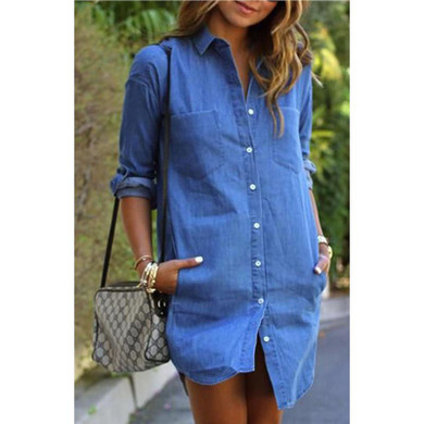 2017 Fashion Blue Denim Spring Summer Dress Women's Casual Loose Straight Dress Long Sleeved Turn-down Collar Dresses Plus Size