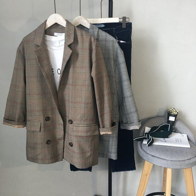 Stylish Women Blazers Jackets Grey Oversize Casual Jacket Plaid Pattern Workwear Suit Blazer Brown