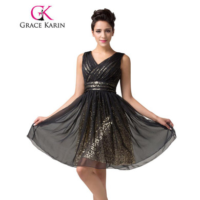 Stunning Backless Knee Length Short Prom Dresses Grace Karin Sexy Black Sequin Dress Chiffon V-Neck Special Occasion Dresses
