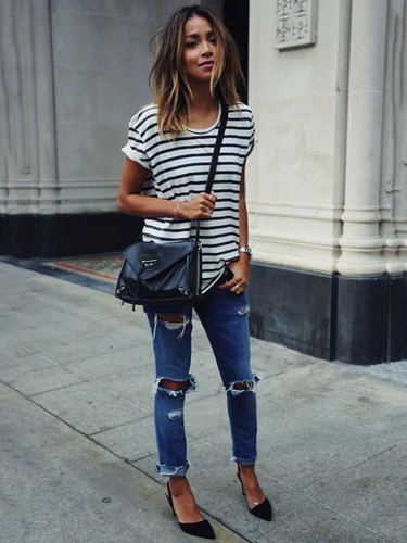 Stripes Round Collar Blouses&Shirts Top