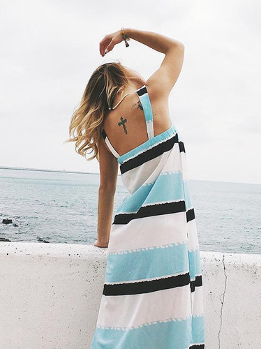 Striped V-neck Backless Split-side Maxi Dress Striped V-neck Backless Split-side Maxi Dress