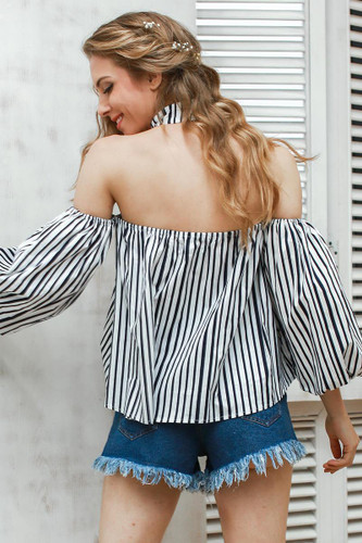 Striped Off-the-shoulder Puff Sleeves Blouses&shirts Tops