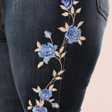 Stretch Embroidered Jeans Women Elastic Blue Flower Jeans Female Pencil Denim Pants Rose Pattern Pantalon Femme Bottom Trouser