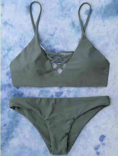 Chicnico Fashion Cross Arm Green Lace Up Bikini Set
