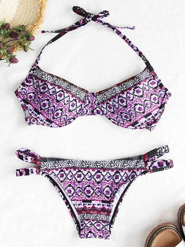 Chicnico deep plunging Boho Floral Print Bikini Set