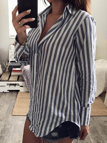 Chicnico Casual Striped Long Sleeve Loose Blouse