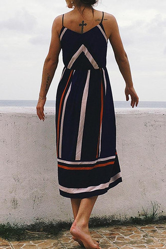 Chicnico Casual Striped Braced Midi Dress