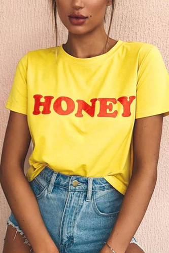 Chicnico Casual O Neck Letter Print Short Sleeve Tee Yellow