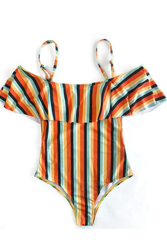 Chicnico Casual Flounce Off Shoulder Striped One Piece Bikini