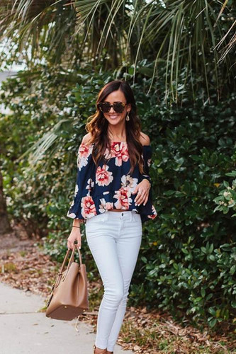 Chicnico Casual Bateau Off Shoulder Big Floral Print Top Chicnico Casual Bateau Off Shoulder Big Floral Print Top