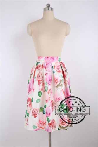 CHICING Floral Print Ball Gown Pleated Midi Skirt Skater Skirt Fashion 2016 Spring Summer Vintage Saias For Women Girl A148023