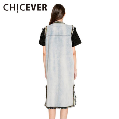 CHICEVER Summer Loose Big Size Denim Female Coat Sleeveless Tassel Long Trench Coats For Women Basic Split Casual Clothing