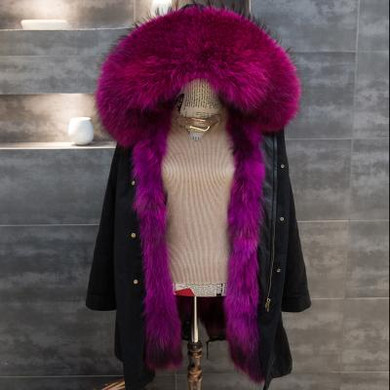 TREND-Setter 2017 Winter Army Green Women Long Real Fox Fur Coat Raccoon Natural Fur Collar Hooded Thick Warm Parkas Jacket