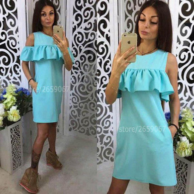 Cold Shoulder Ruffles Solid Colour Summer Dress Women 2018 O-Neck Butterfly Sleeve Casual Dress Party Mini Dresses