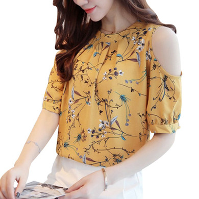 Cold Shoulder Chiffon Floral Printed Blouse Shirt Women 2018 Summer Tops Elegant Plus Size Ladies Korea Blouses Blusas Female