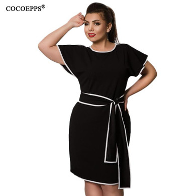 COCOEPPS Patchwork Women Dress Big Size Butterfly Sleeve Sundress 2018 Plus Size Elegant Office Dress With Sashes Blue Vestidos