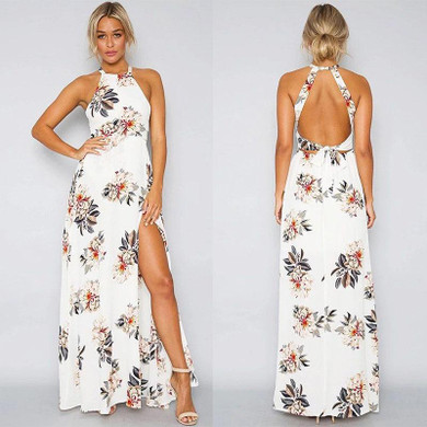 Ruiyige Floral Print Halter Chiffon Long Dress Women Backless 2018 Maxi Dresses Vestidos Sexy White Split Beach Summer Dress