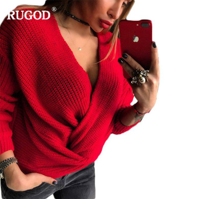 RUGOD Spring New Year V Neck Twisted Sweater Casual Sexy Women Jumpers Pullovers Long Sleeve Knitted Sweaters pull femme