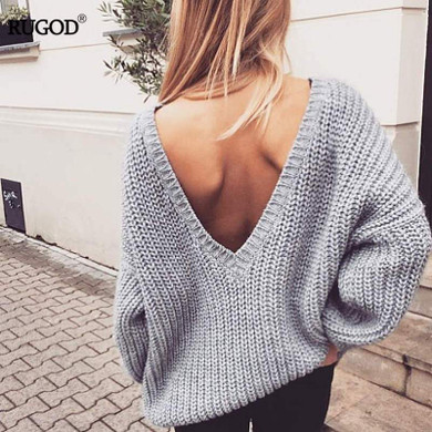 Rugod 2018 New Sexy Backless V-neck Sweater Women Pullover Autumn Winter Casual Knitted Sweater Femme Tricot Pullover Jumpers