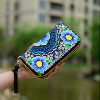 New Flower Embroidered Wallet Purse Handmade Ethnic Flowers Embroidery 2016 Fashion Women Long Wallet Phone HandBag,Women Clutch