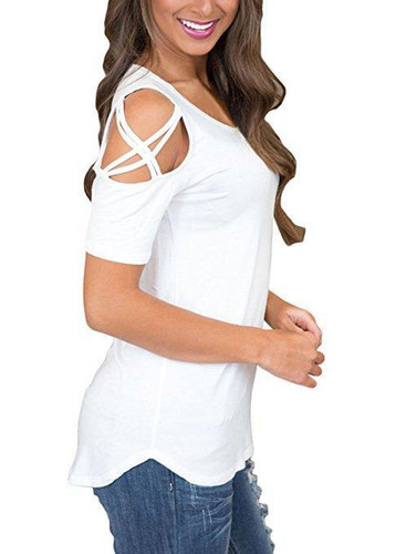 RENBANG Women Summer Short Sleeve Strappy Cold Shoulder T-Shirt Tops t shirt Women Short O-neck Top Tees Feminina Camiseta
