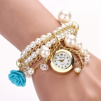 Fashion Ladies Female Clock Faux Pearl Women Watch Rose Bracelet WristWatches Analog Quartz Round Dial Watches