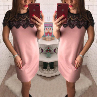Fashion Lace Stitching Summer Dress Sexy Hollow Out Mini Dresses Woman 2018 O-neck Short Sleeve Patchwork Casual Straight Dress