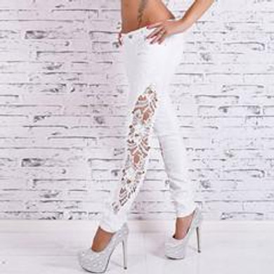 Fashion hollow out lace patchwork skinny full length jeans women pants trousers plus size for feminino ladies