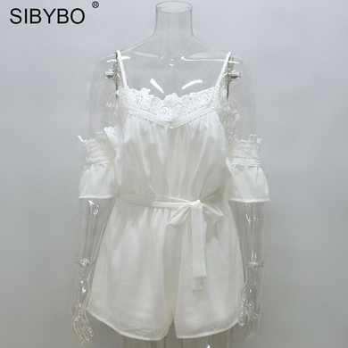SIBYBO Summer Women Jumpsuits Rompers 2017 White Lace Patchwork Off Shoulder Beach Chiffon Playsuit Bodysuit Overalls