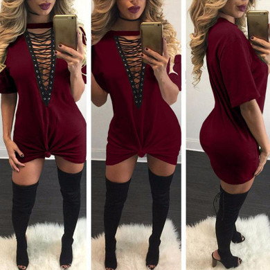 Sibybo Summer T Shirt Dress 2017 Women Deep V Neck Lace Up Sexy Bodycon Bandage Party Dresses Casual T-Shirt Dress Vestidos