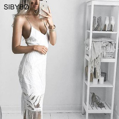 Sibybo Sexy Backless Bandage Lace Dress Women Sleeveless V-Neck Tassel Spaghetti Strap Dress Vestidos Elegant Long Party Dresses