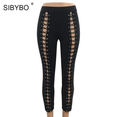 SIBYBO Front Lace Up Pencil Pants 2017 Spring Autumn High Waist Hollow Out Stretch Sexy Bandage Slim Party Women Pants Trousers