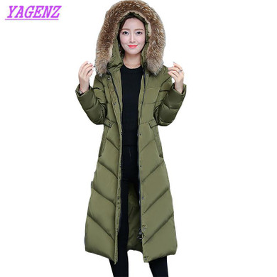 High quality Women Winter warm Down cotton Jacket Hooded Raccoon Fur collar Cotton outerwear Fashion Black Long Overcoat B201