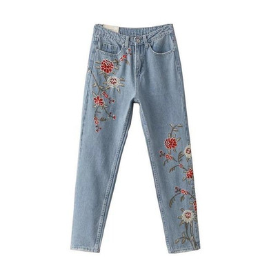 FIRSTTO Floral Embroidery Demin Skinny Jeans Pencil Pants Zipper Pocket Button Cozy Casual Women Slim Trousers femme Dark Blue