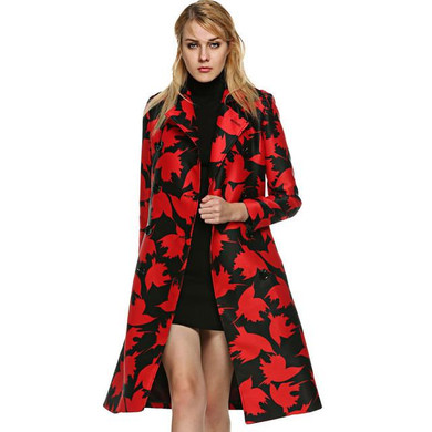 FINEJO Stylish Women Long Trench Coat Double Breasted Print Wind Coat Turn-down Collar  Windbreaker with Belt Abrigos Mujer