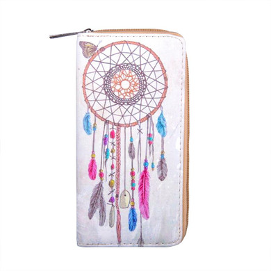 Feather Printing PU Dream Catcher Women Long Wallet Female Long Clutch Zipper Coin Purse Phone Card Holder Portefeuille femme