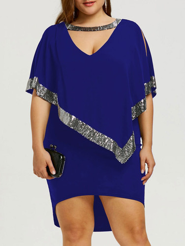 Gamiss Big Size Sequined Capelet Dress Plus Size 5XL Choke V Neck Round Collar Split Sleeve Bodycon Dip Hem Party Dress Vestidos