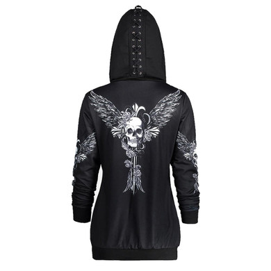 Gamiss Autumn Womens Skull Wings Print Halloween Zip Up Hoodie Long Sleeve Spring Sweatshirts Coat Cool Hoodies Sudaderas Mujer
