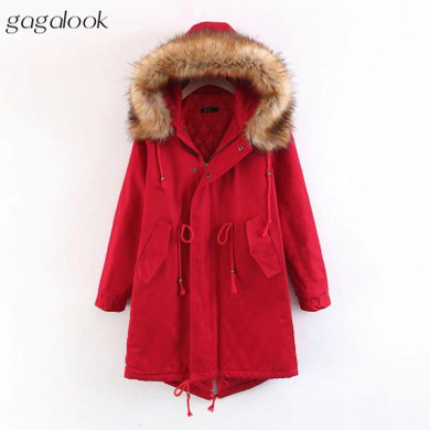 gagalook Faux Fur Collar Parka Women Long Hooded Wadded Warm Winter Jacket Coat 2017 C0137
