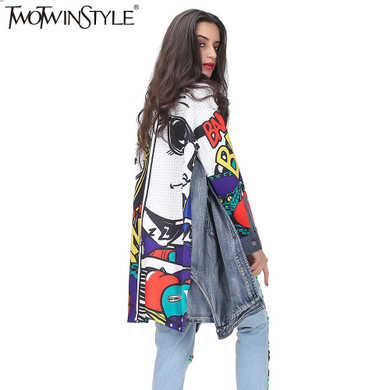 TWOTWINSTYLE 2017 Spring Print Denim Trench Coats Female Ripped Pockets Long Loose Jeans Windbreaker Cardigan Clothes