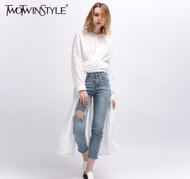 TWOTWINSTYLE 2017 Split autumn Women's Long Blouses Shirt Midi Tops White Feminine Blouse Casual Female Cardigan Clothes Korean