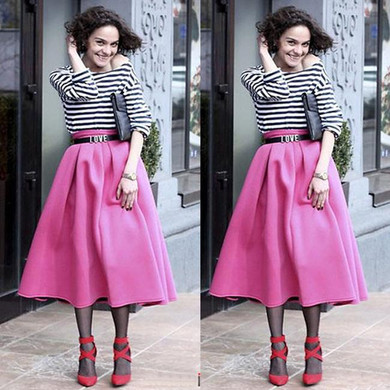 Vintage Women Skirt Stretch High Waist Short Plain Skater A Line Long Skirt