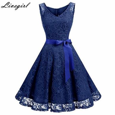 Vintage Floral Lace Pleated Dress Women Sleeveless V-Neck Elegant Party Sexy Dresses Retro 50s Summer Robe Big Swing Dress