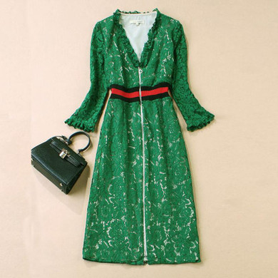 HIGH QUALITY New Fashion 2017 Runway Designer Dress Women's 3/4 Sleeve V-neck Front Zipper Green Lace Dress